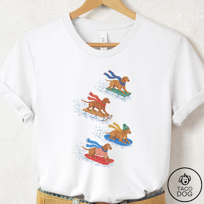 Vizsla Sledding T-Shirt White Taco-Dog