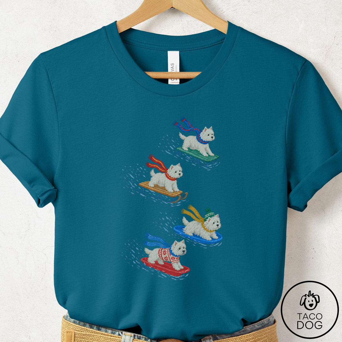 Westie Sledding T-Shirt Deep Teal Taco-Dog