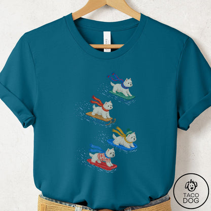 Westie Sledding T-Shirt Deep Teal Taco-Dog