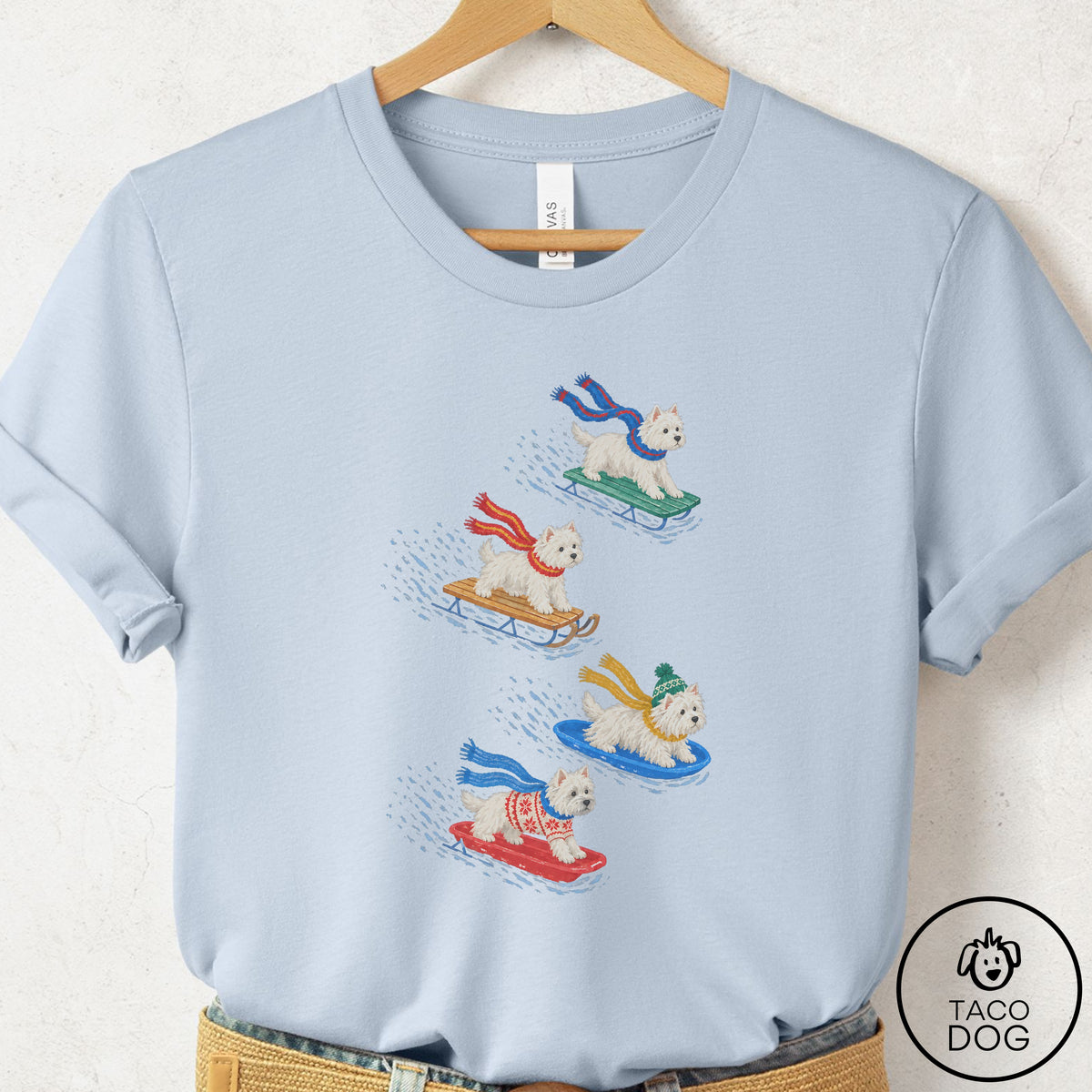 Westie Sledding T-Shirt Light Blue Taco-Dog