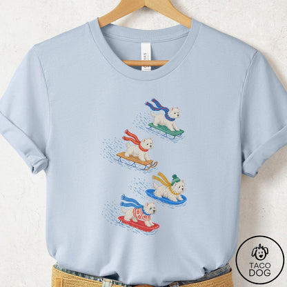 Westie Sledding T-Shirt Light Blue Taco-Dog