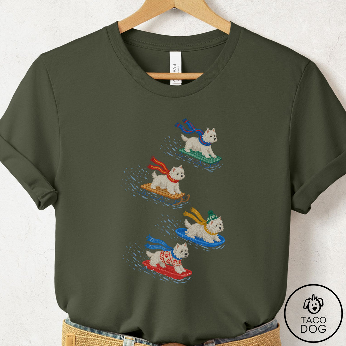 Westie Sledding T-Shirt Military Green Taco-Dog