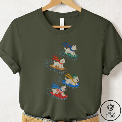 Westie Sledding T-Shirt Military Green Taco-Dog