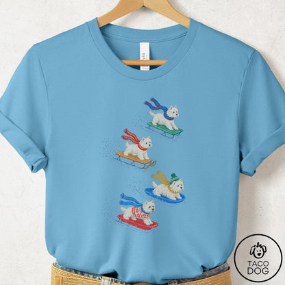 Westie Sledding T-Shirt Ocean Blue Taco-Dog