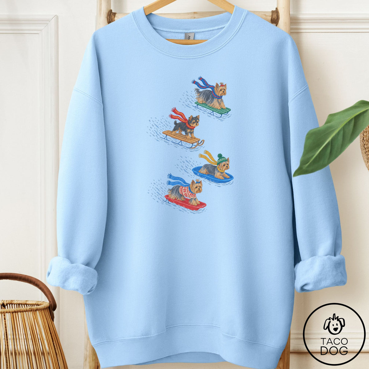 Yorkshire Terrier Yorkie Sledding Sweatshirt Light Blue Taco-Dog