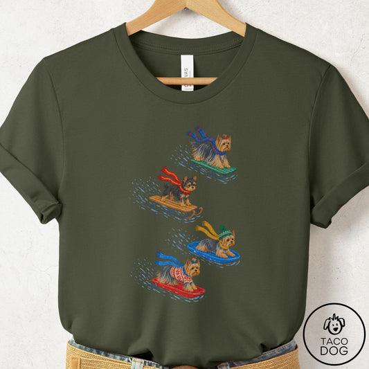 Yorkshire Terrier Yorkie Sledding T-Shirt Military Green Taco-Dog