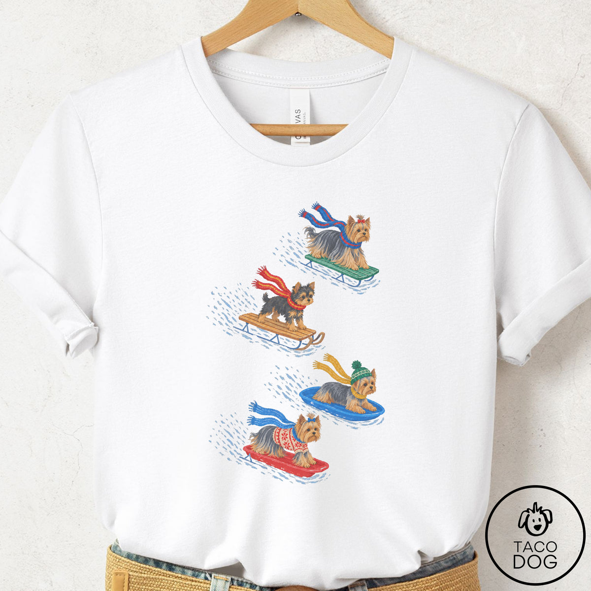 Yorkshire Terrier Yorkie Sledding T-Shirt White Taco-Dog
