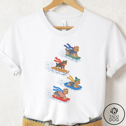 Yorkshire Terrier Yorkie Sledding T-Shirt White Taco-Dog