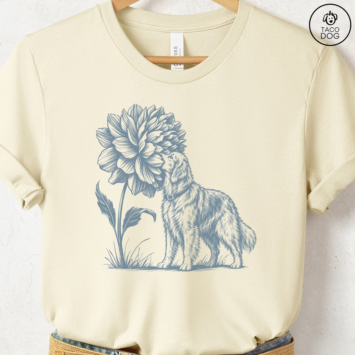 Golden Retriever Smell The Flowers T-Shirt Natural Taco-Dog