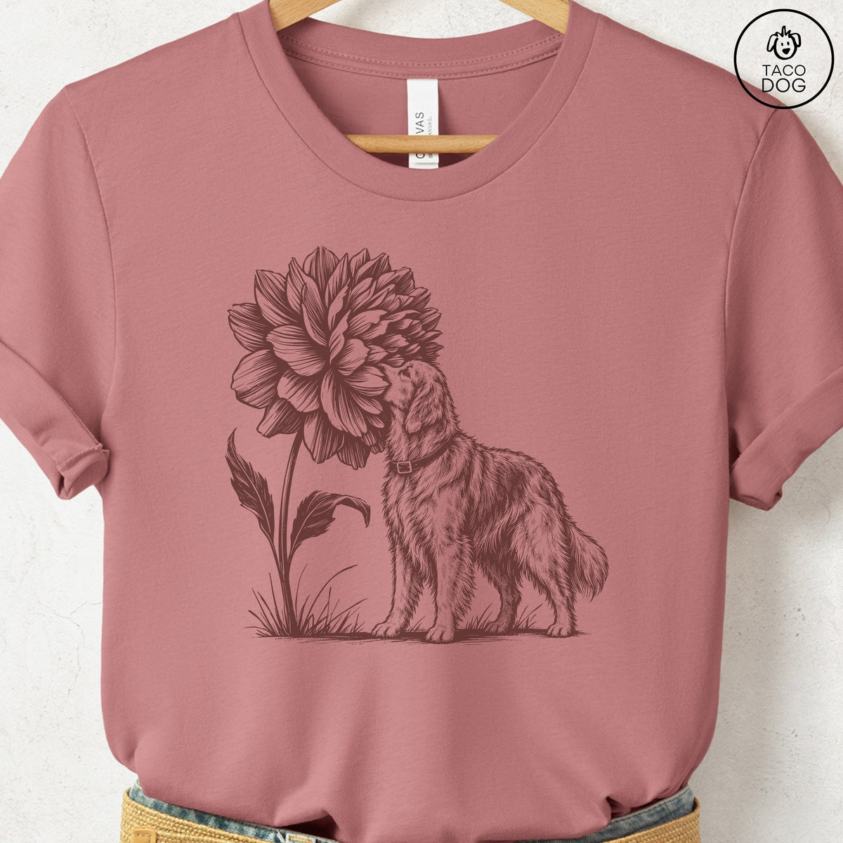 Golden Retriever Smell The Flowers T-Shirt, design close-up