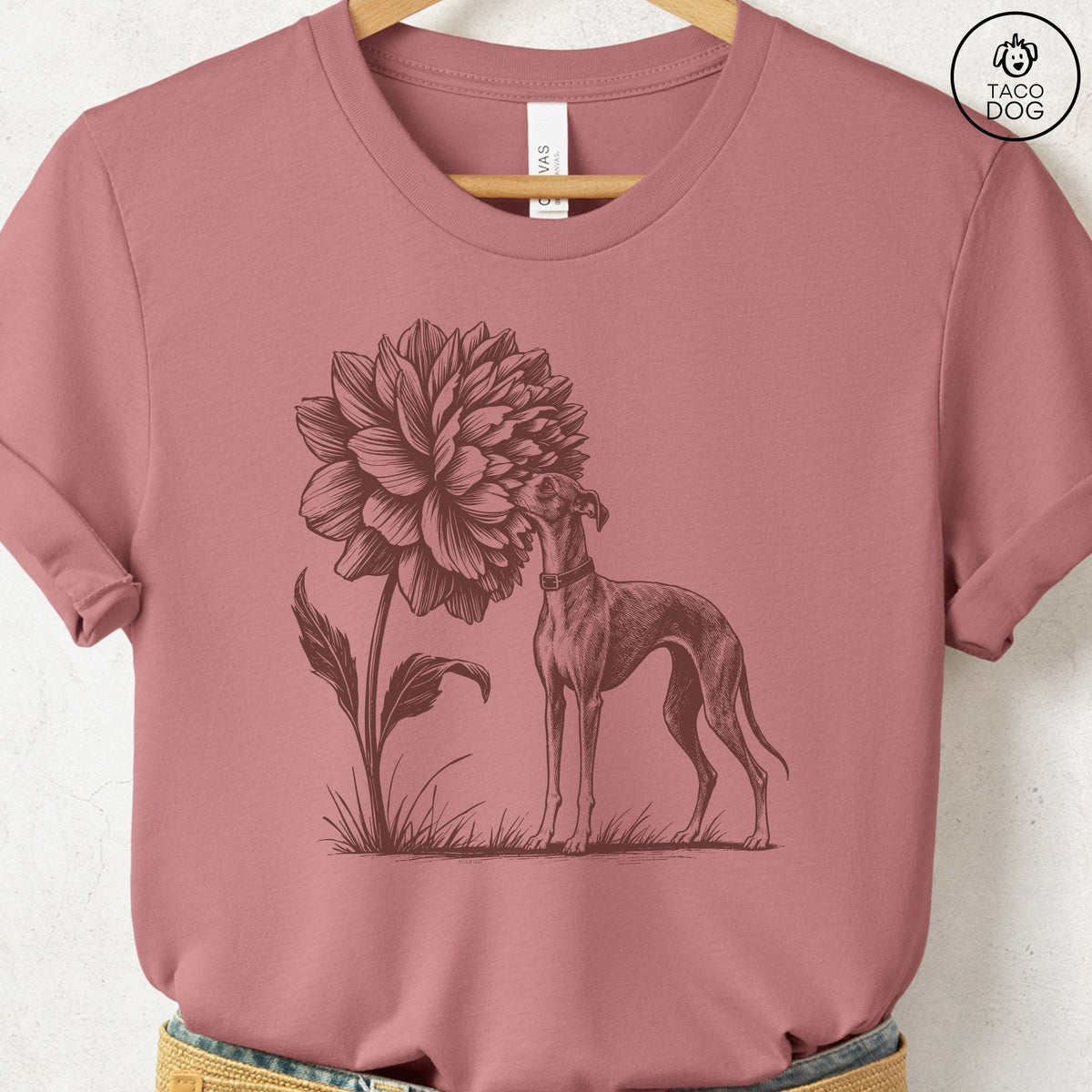 Italian Greyhound Whippet Smell The Flowers T-Shirt Heather Mauve Taco-Dog