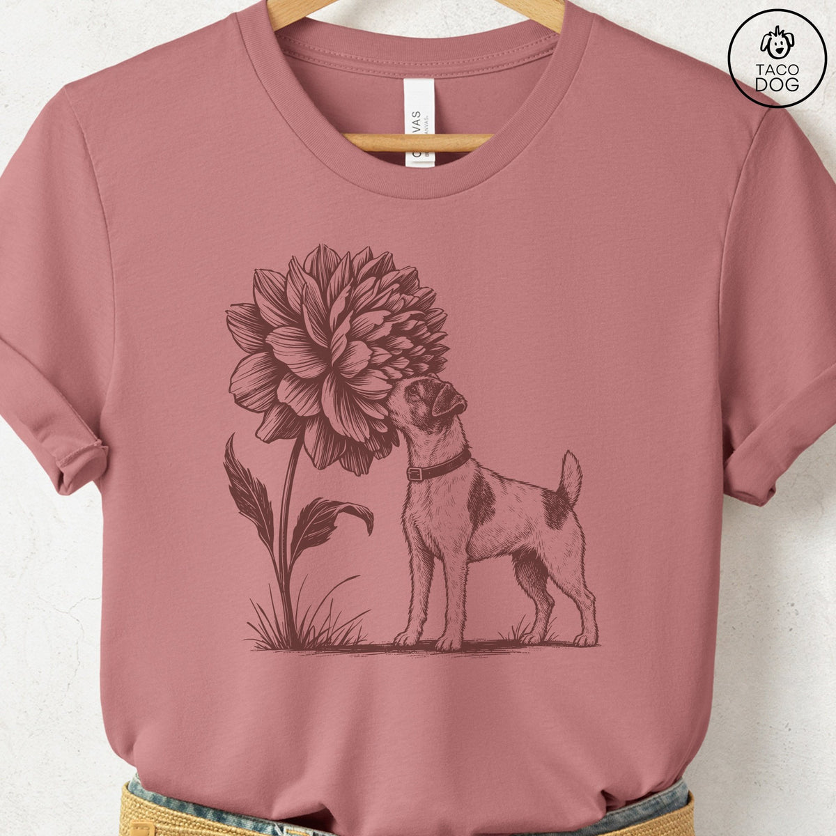 Jack Russell Smell The Flowers T-Shirt Heather Mauve Taco-Dog