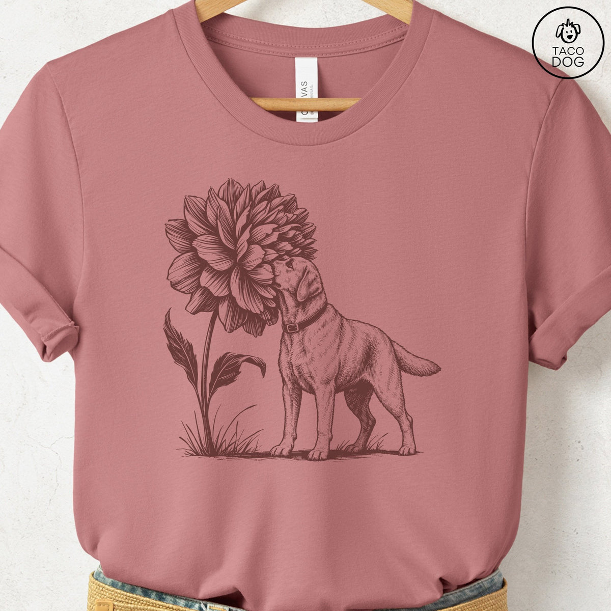 Labrador Retriever Smell The Flowers T-Shirt Heather Mauve Taco-Dog