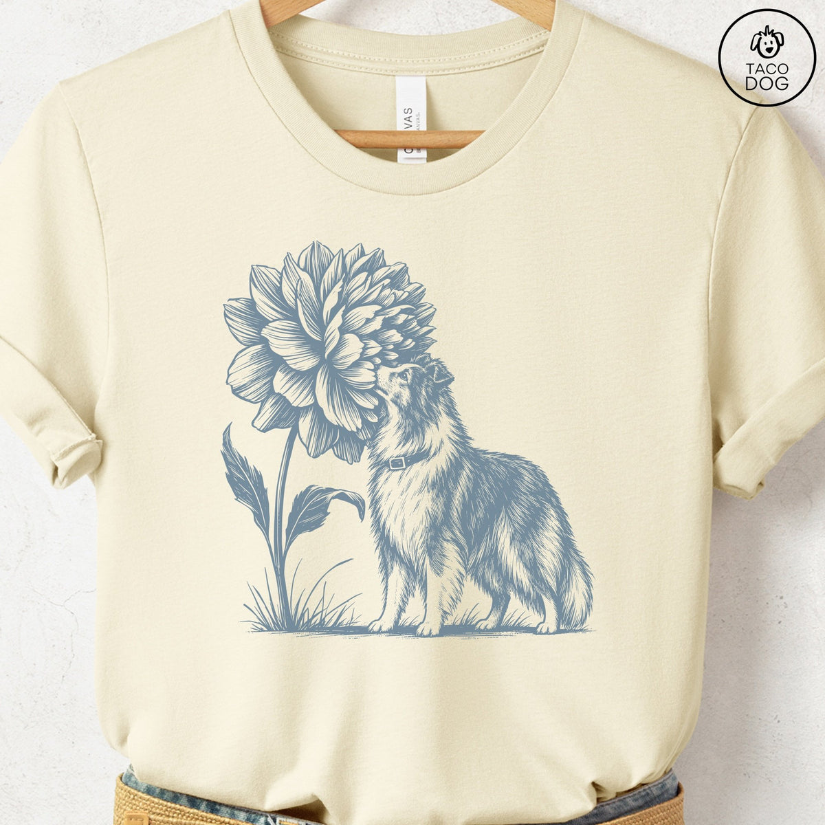 Shetland Sheepdog Smell The Flowers T-Shirt Natural Taco-Dog