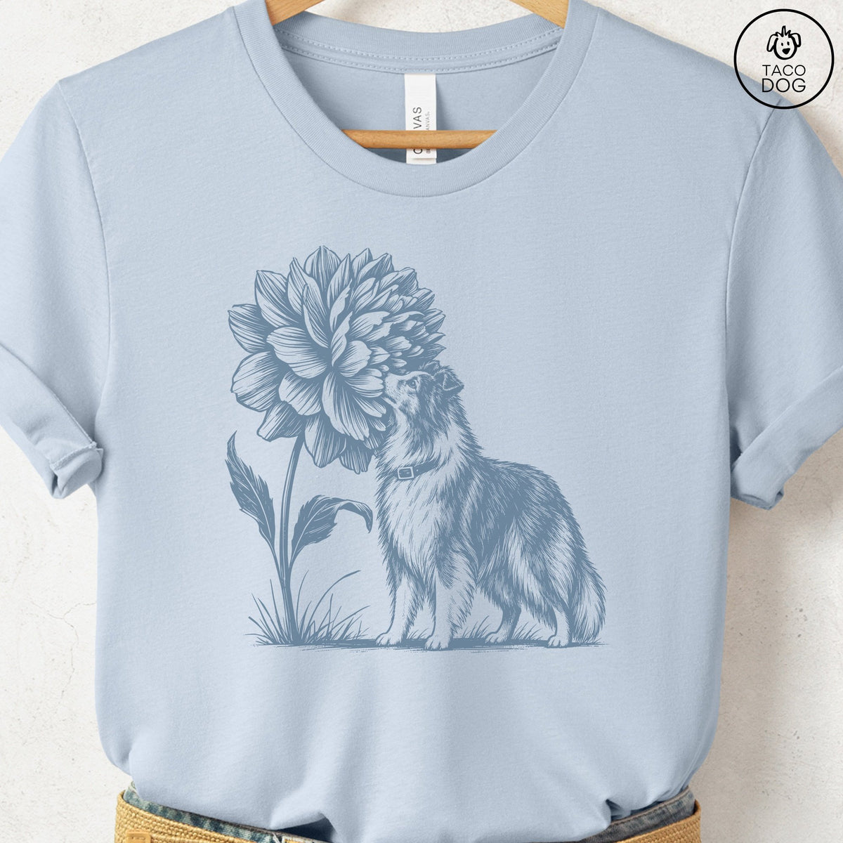 Shetland Sheepdog Smell The Flowers T-Shirt Light Blue Taco-Dog