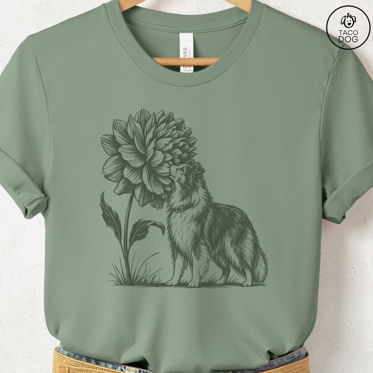 Shetland Sheepdog Smell The Flowers T-Shirt Sage Taco-Dog