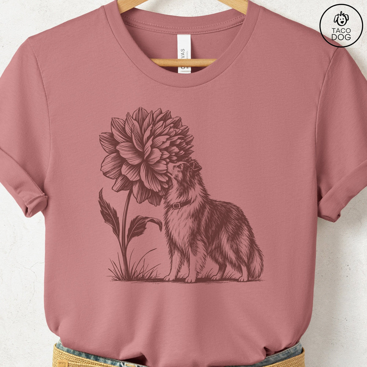 Shetland Sheepdog Smell The Flowers T-Shirt Heather Mauve Taco-Dog