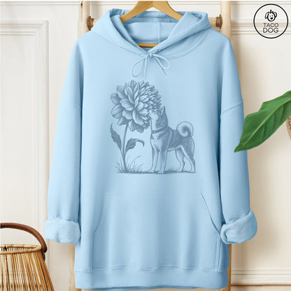 Shiba Inu Smell The Flowers Hoodie Light Blue Taco-Dog