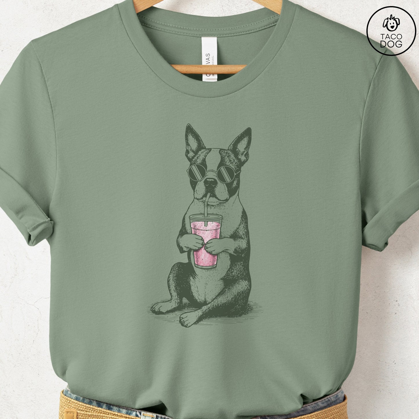 Boston Terrier Smoothie T-Shirt Sage S Taco-Dog