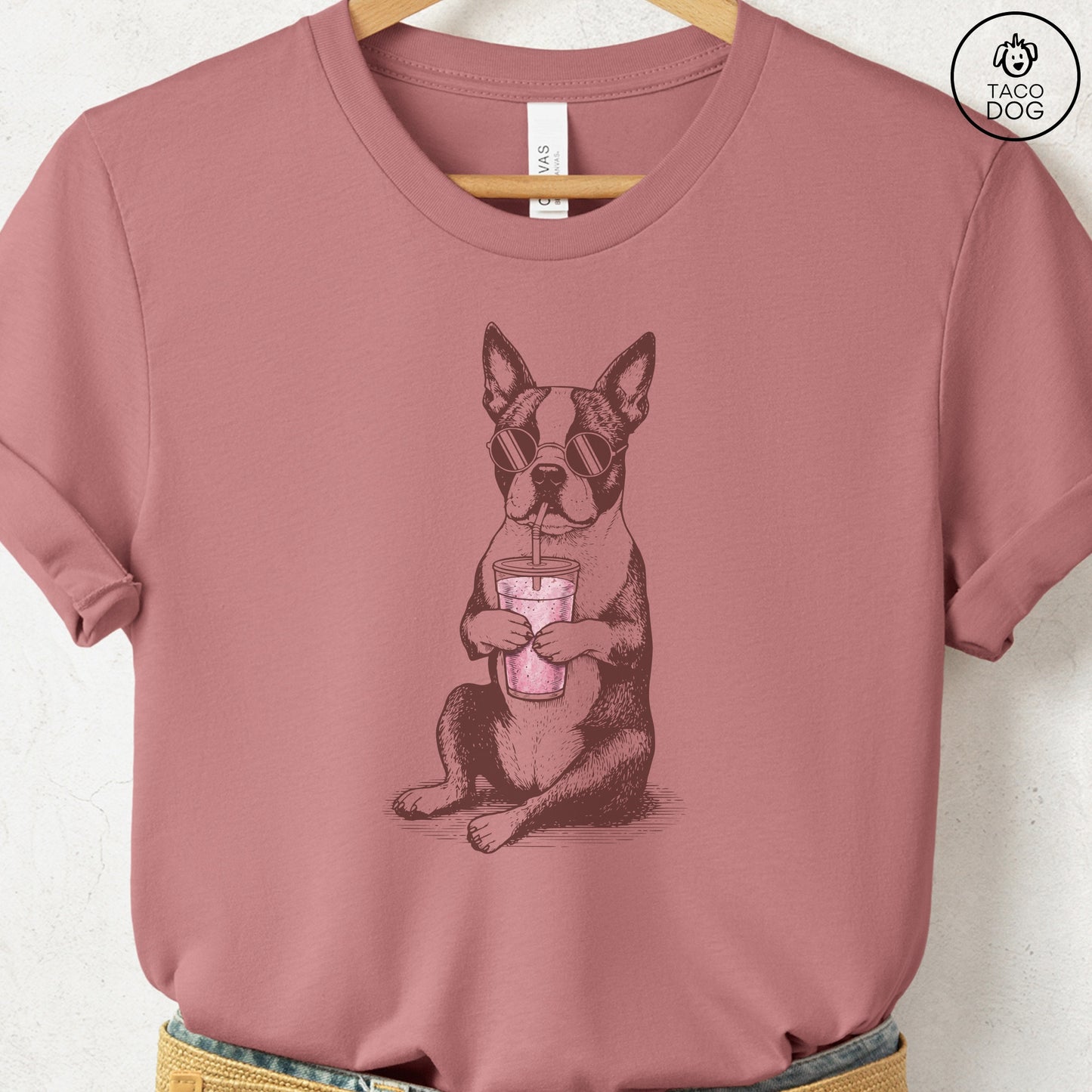 Boston Terrier Smoothie T-Shirt Heather Mauve S Taco-Dog