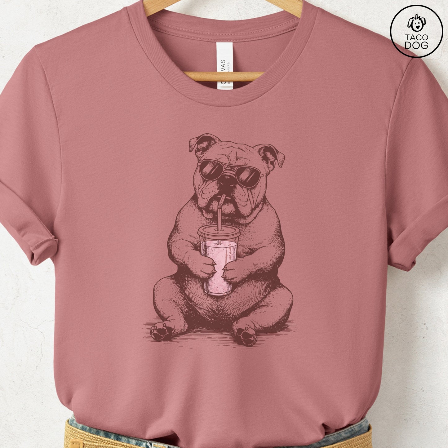 English Bulldog Smoothie T-Shirt Heather Mauve S Taco-Dog