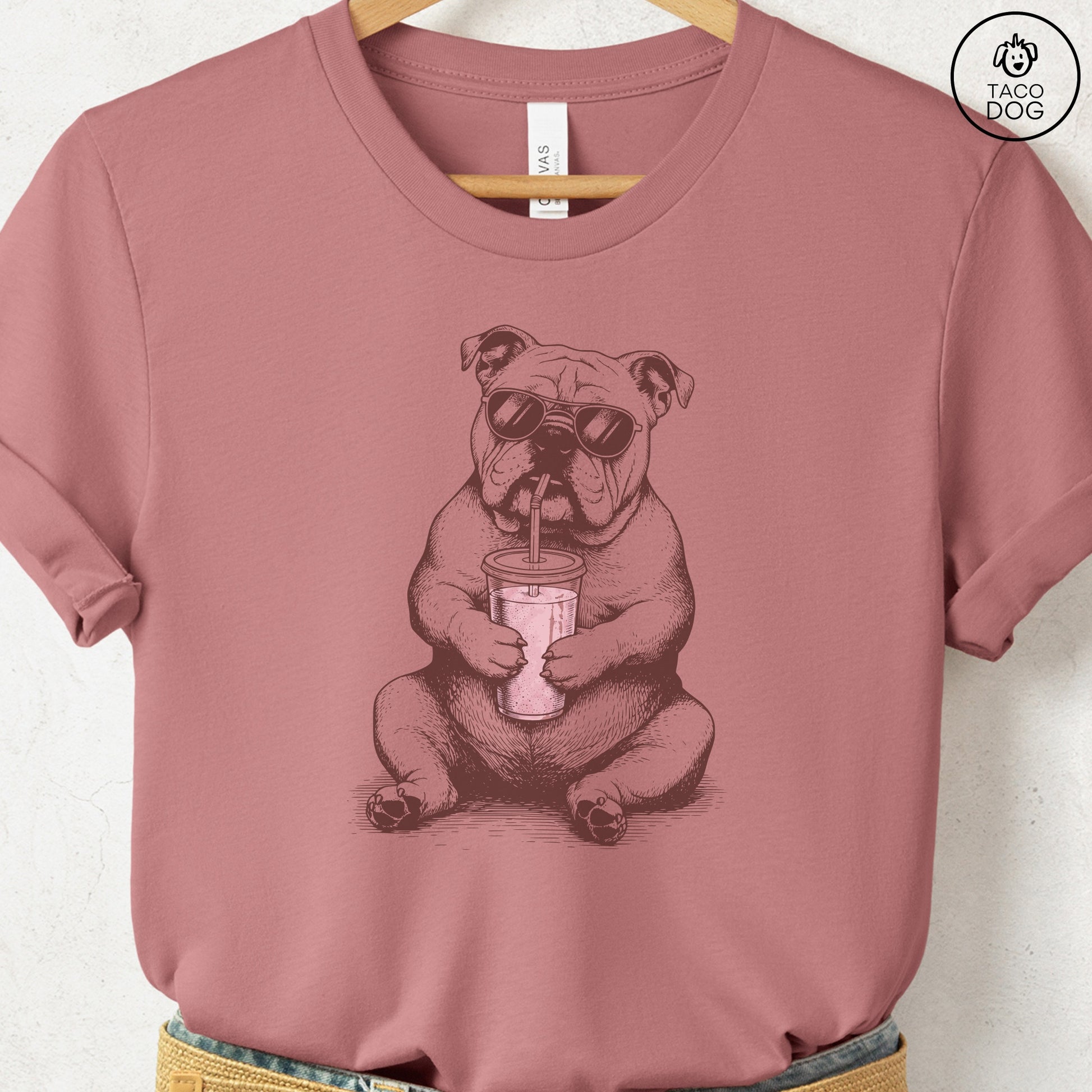 English Bulldog Smoothie T-Shirt Heather Mauve S Taco-Dog