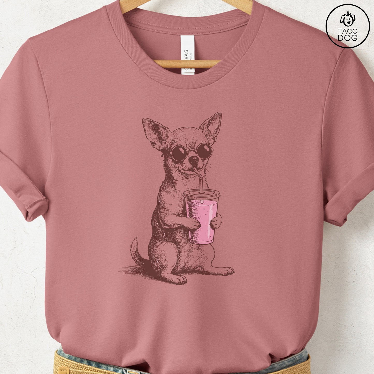 Chihuahua Smoothie T-Shirt Heather Mauve S Taco-Dog