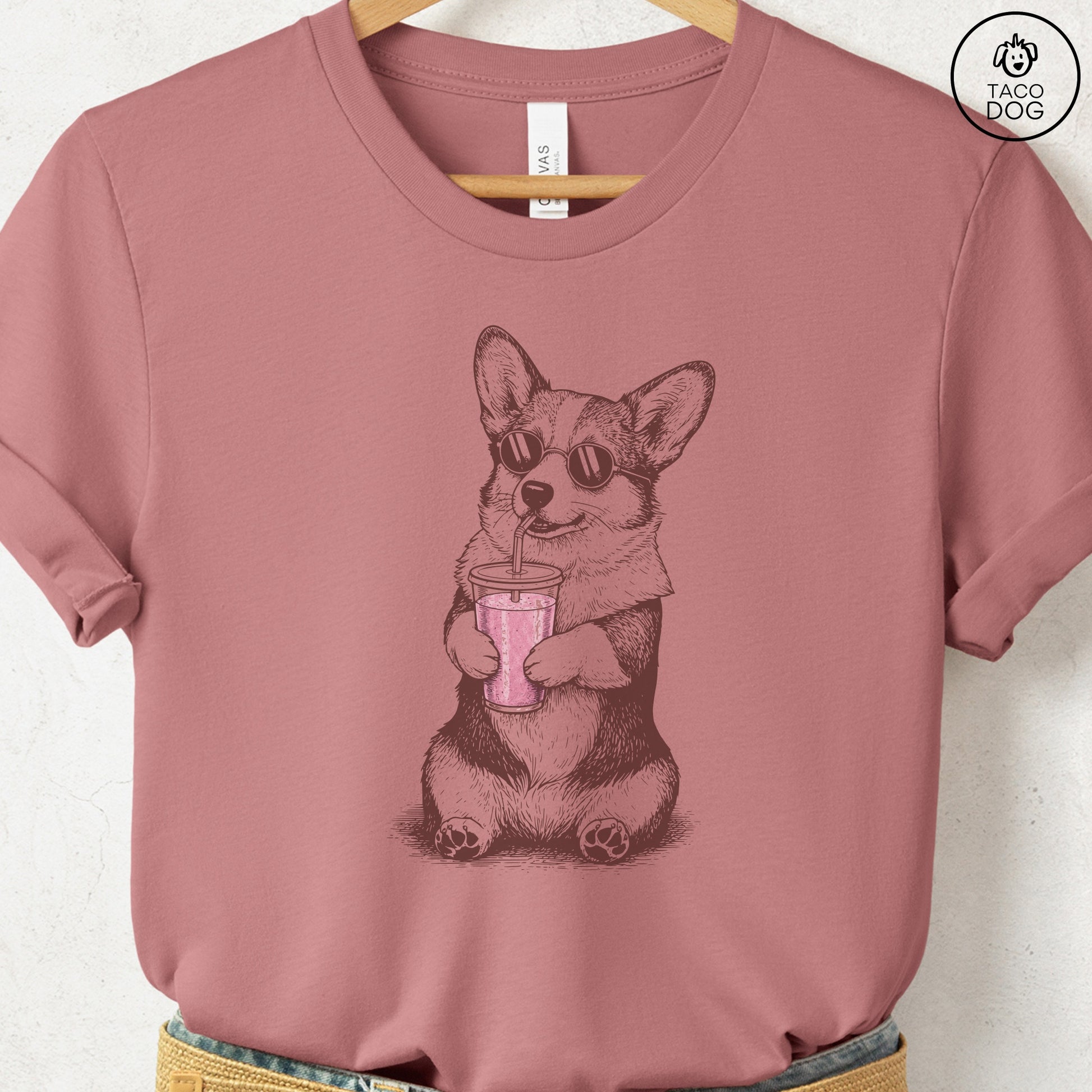 Corgi Smoothie T-Shirt Heather Mauve S Taco-Dog