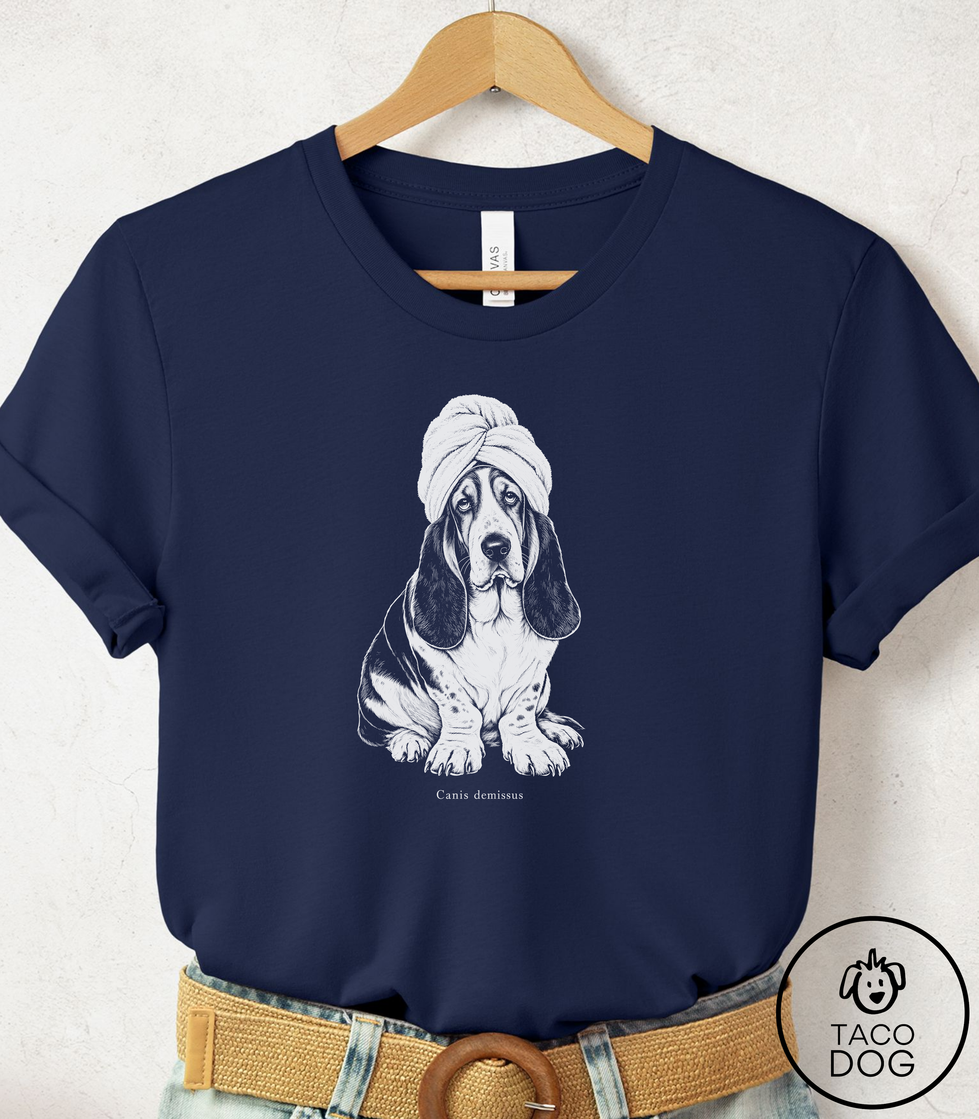 Basset Hound Spa Day Cyanotype Tee Navy Taco-Dog