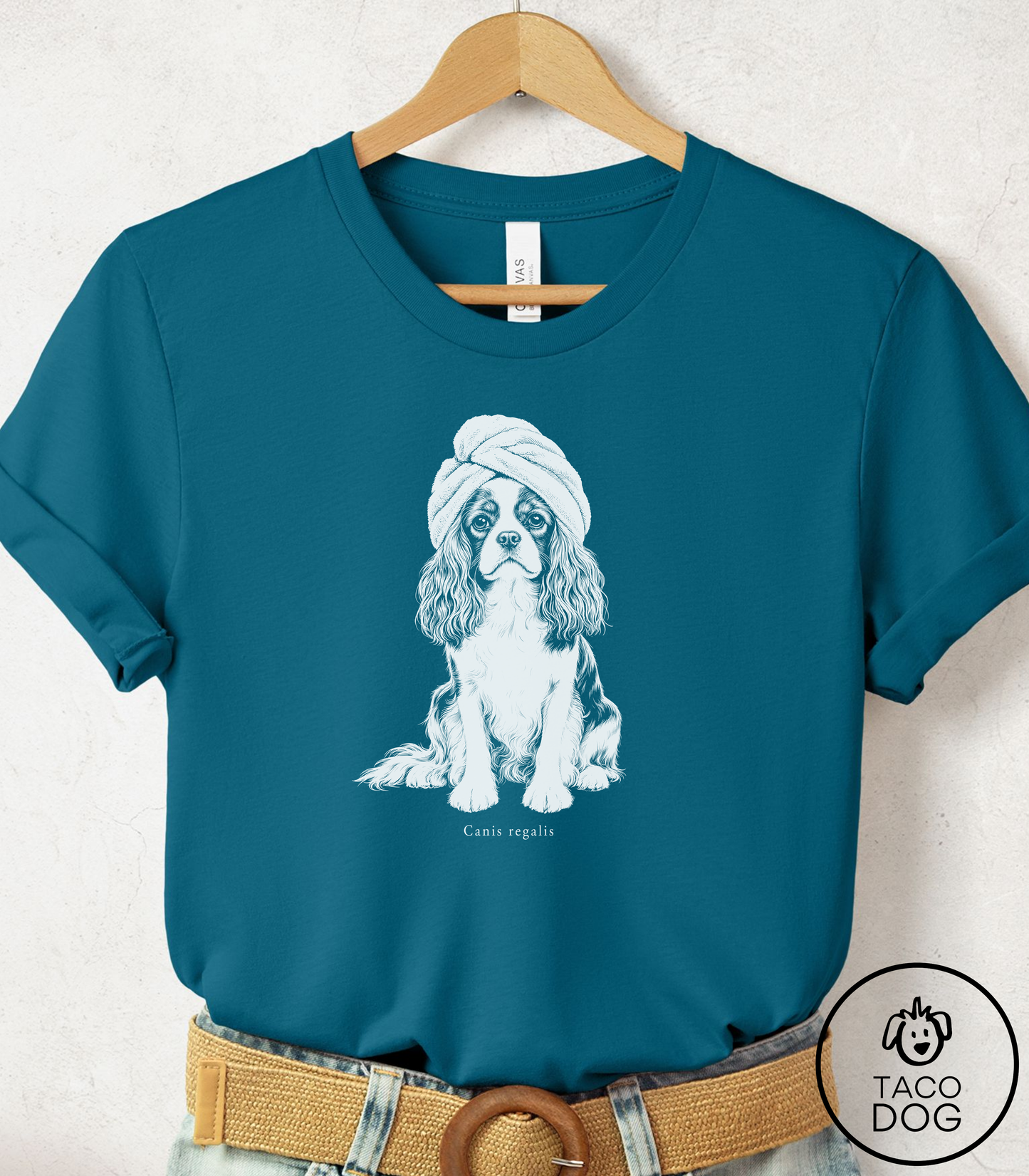 Cavalier King Charles Spaniel Spa Day Cyanotype Tee Deep Teal Taco-Dog