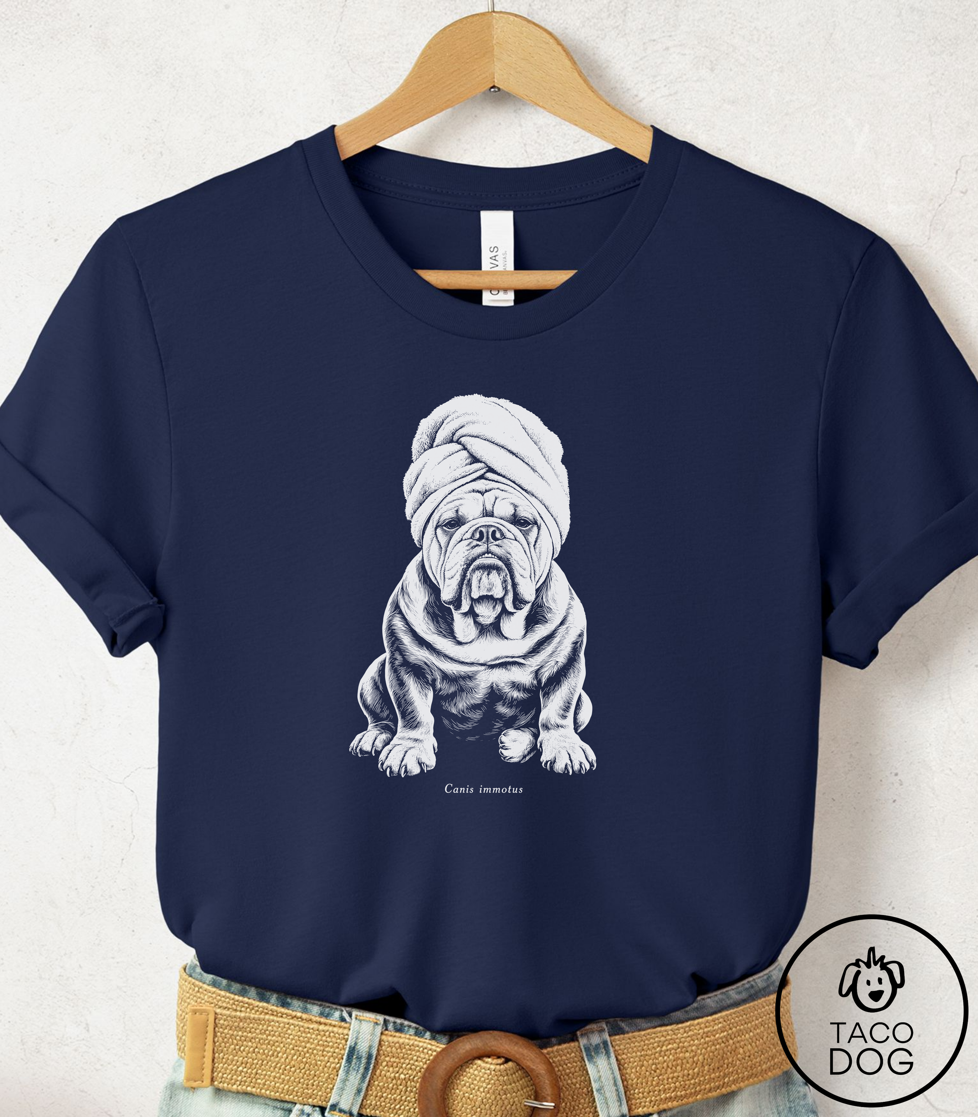 English Bulldog Spa Day Cyanotype Tee Navy Taco-Dog