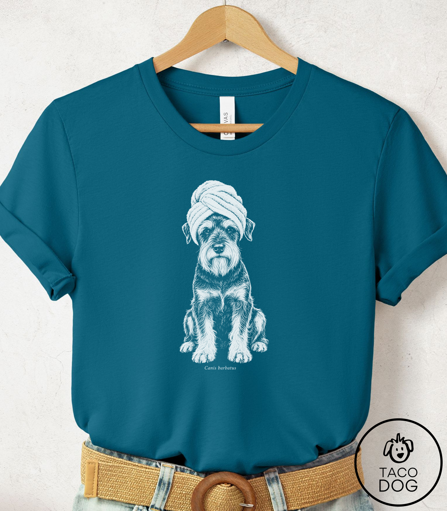 Schnauzer Spa Day Cyanotype Tee Deep Teal Taco-Dog