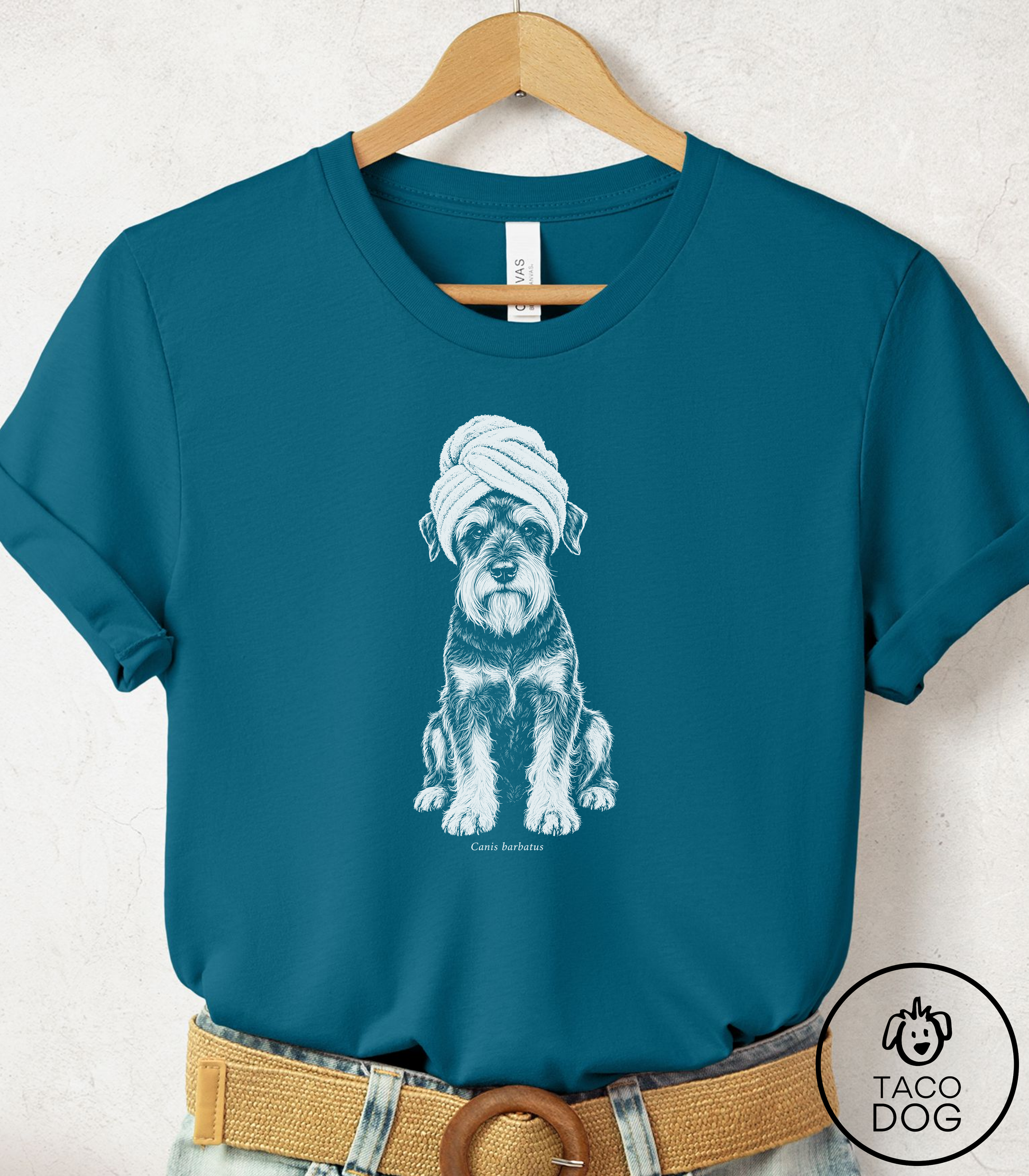 Schnauzer Spa Day Cyanotype Tee Deep Teal Taco-Dog