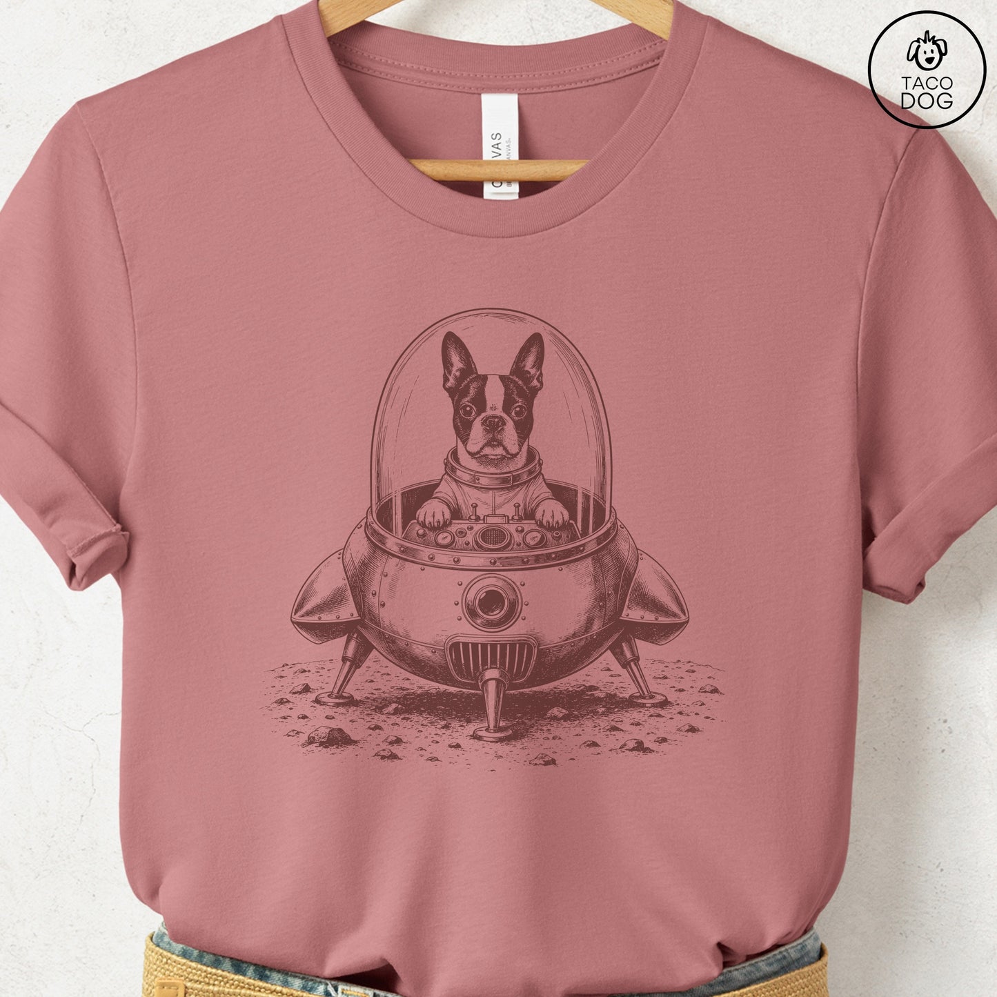 Boston Terrier Space T-Shirt Heather Mauve Taco-Dog