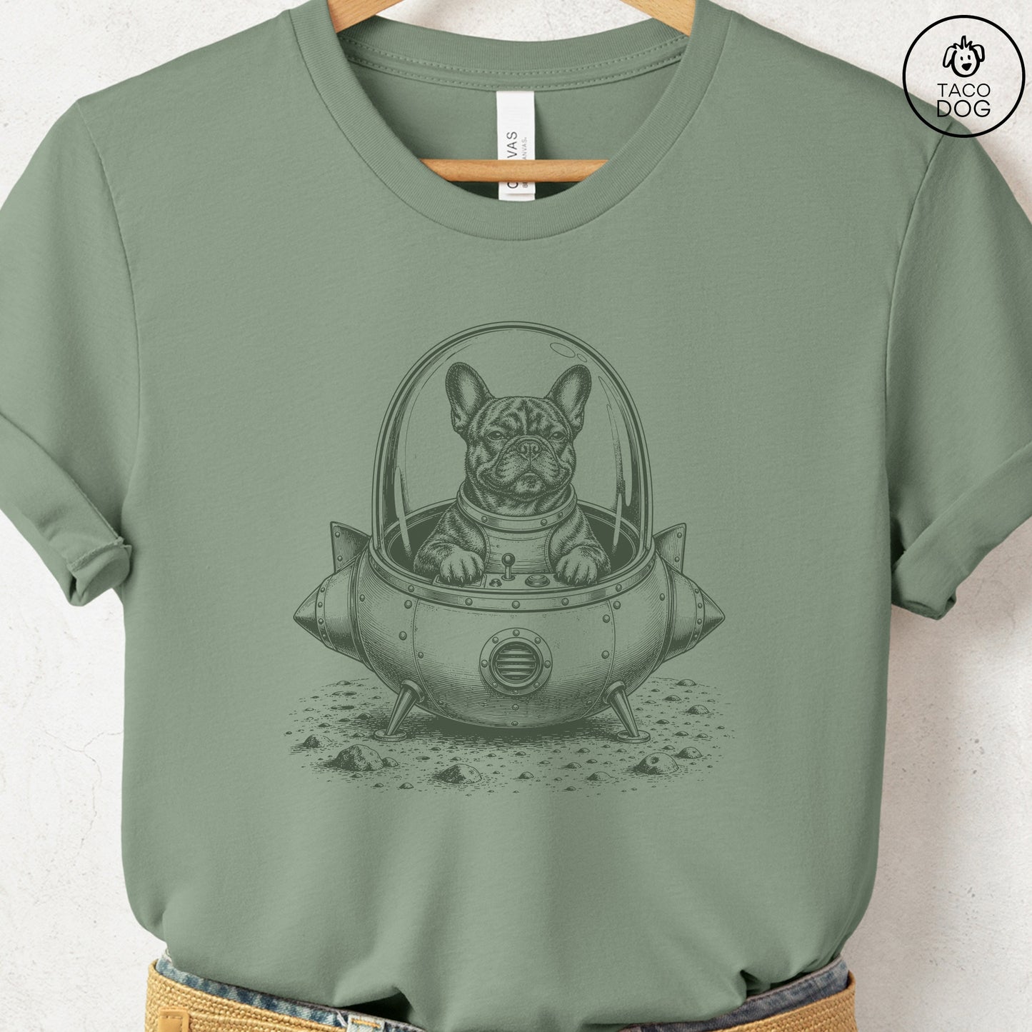 French Bulldog Frenchie Space T-Shirt Sage S Taco-Dog
