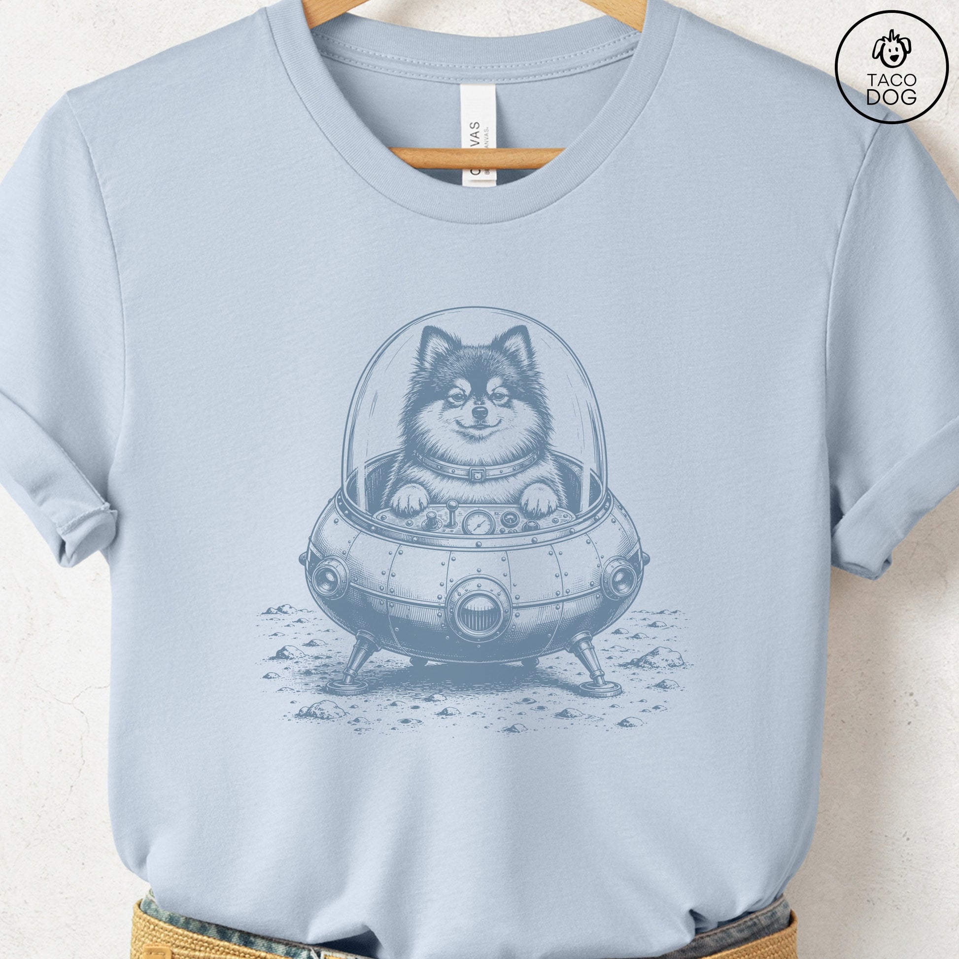 Pomeranian Space T-Shirt Light Blue Taco-Dog