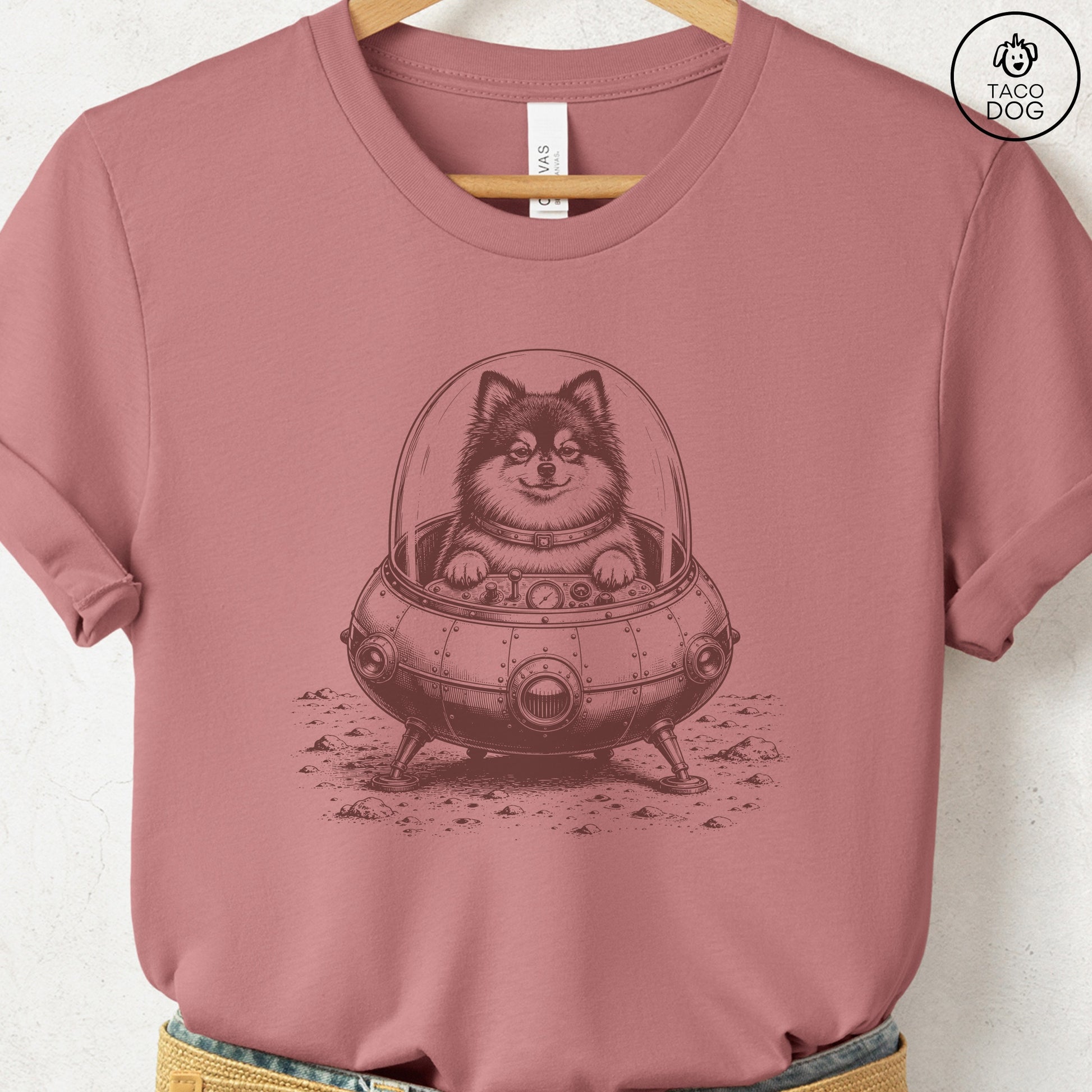 Pomeranian Space T-Shirt Heather Mauve Taco-Dog