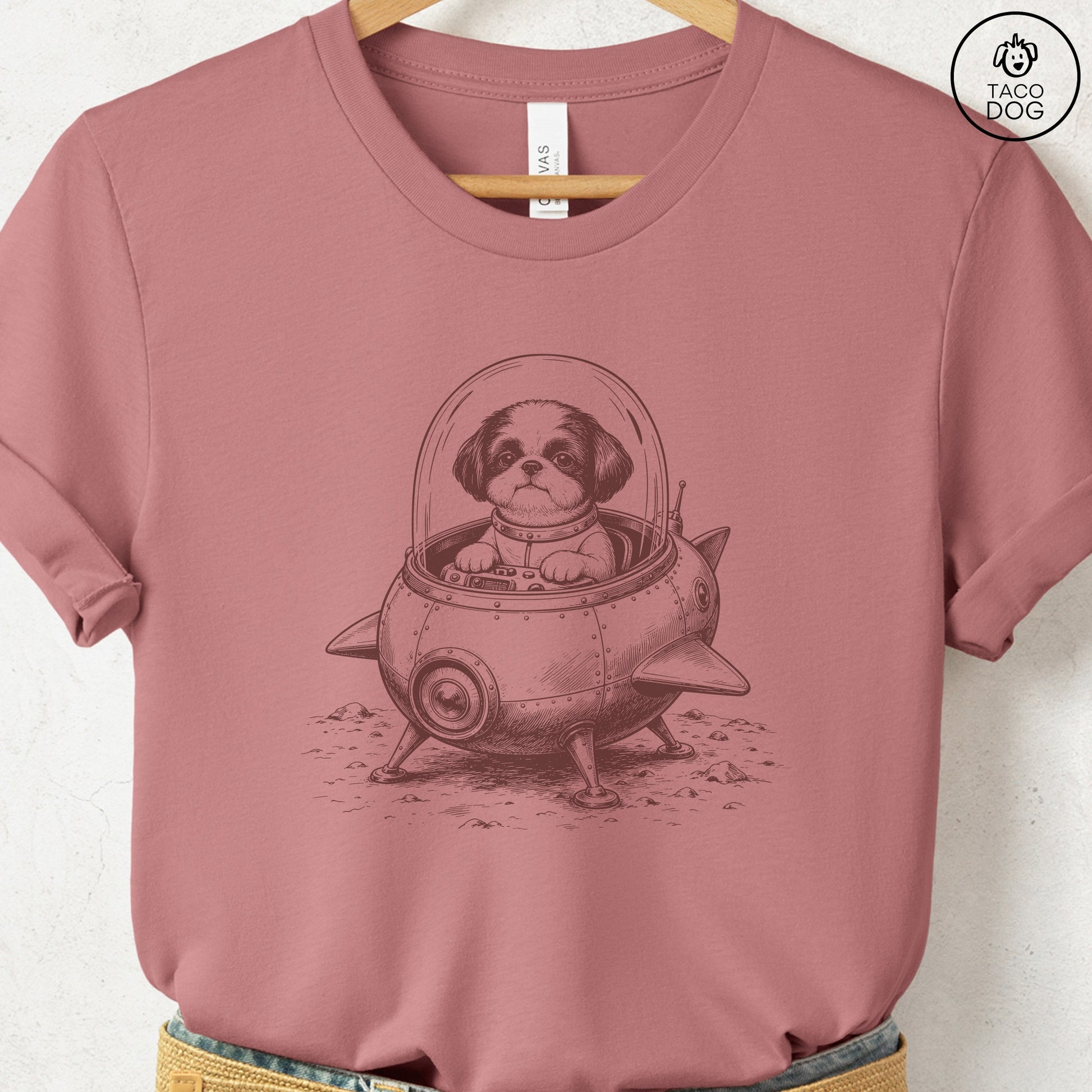 Shih Tzu Space T-Shirt Heather Mauve Taco-Dog