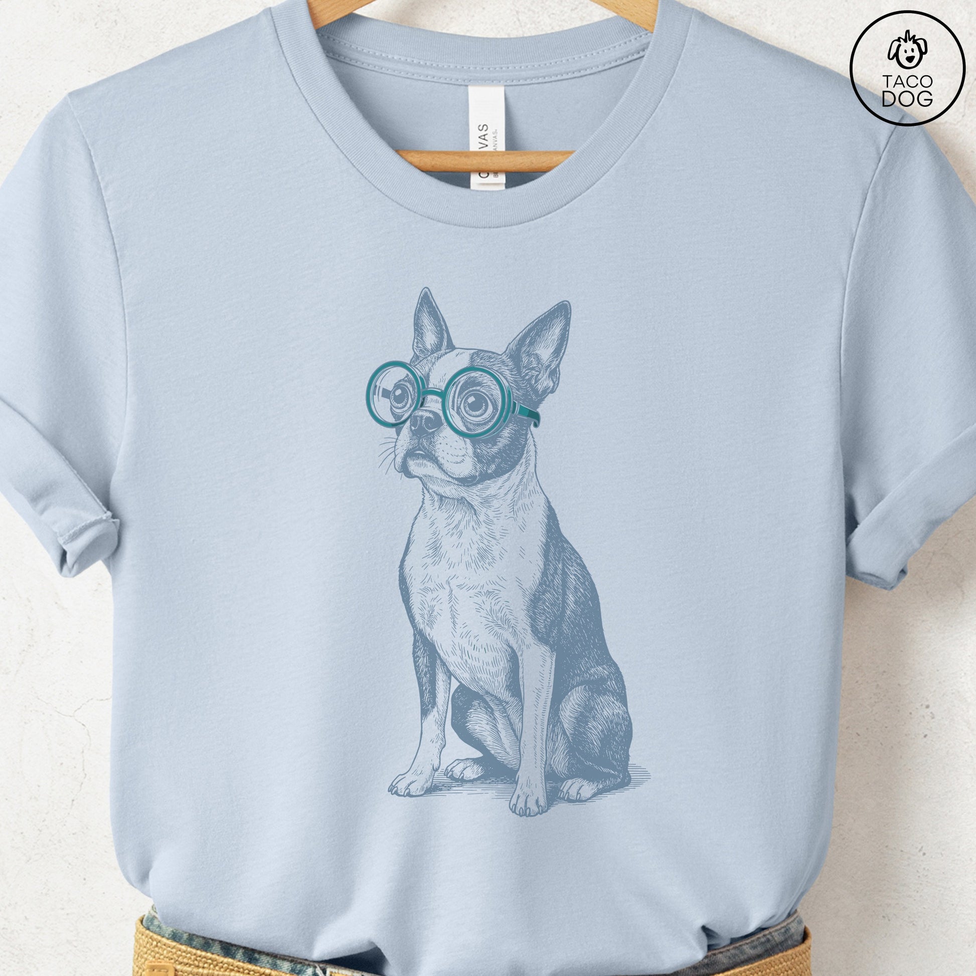 Boston Terrier Spectacles T-Shirt Light Blue S Taco-Dog
