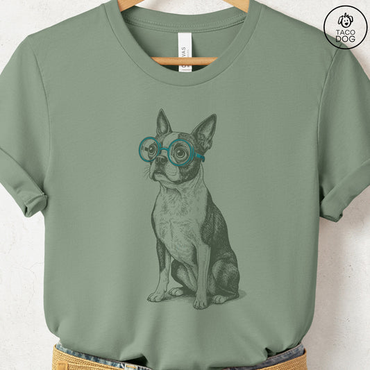 Boston Terrier Spectacles T-Shirt Sage S Taco-Dog