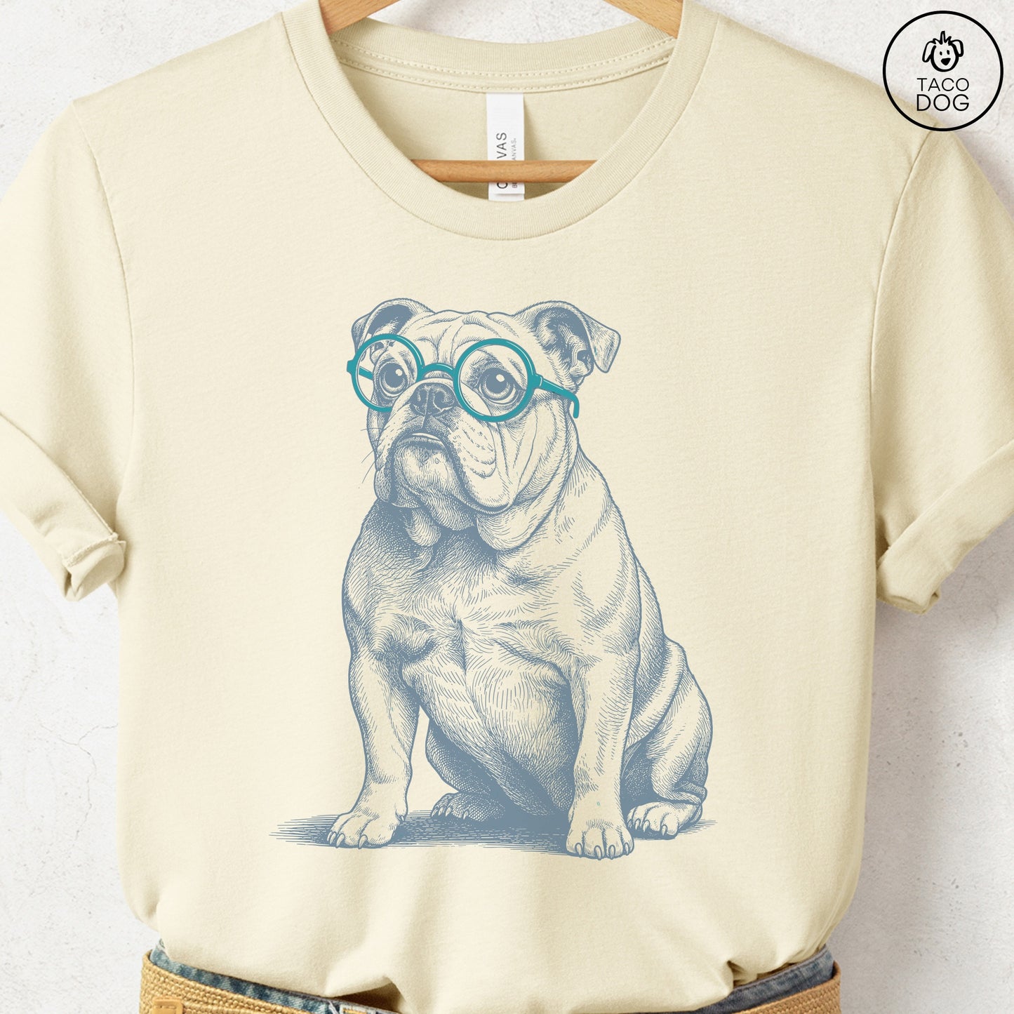 English Bulldog Spectacles T-Shirt Natural S Taco-Dog