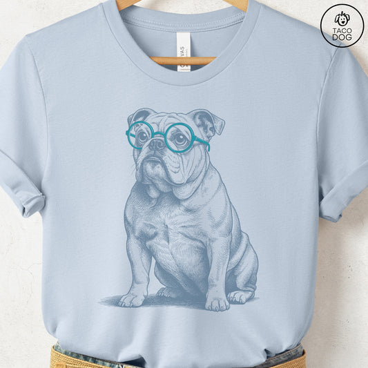 English Bulldog Spectacles T-Shirt Light Blue S Taco-Dog