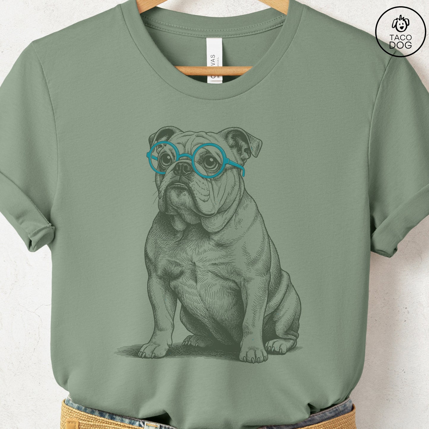English Bulldog Spectacles T-Shirt Sage S Taco-Dog