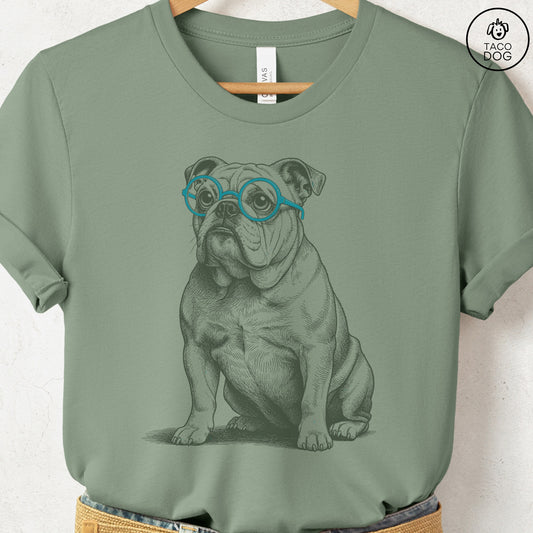 English Bulldog Spectacles T-Shirt Sage S Taco-Dog