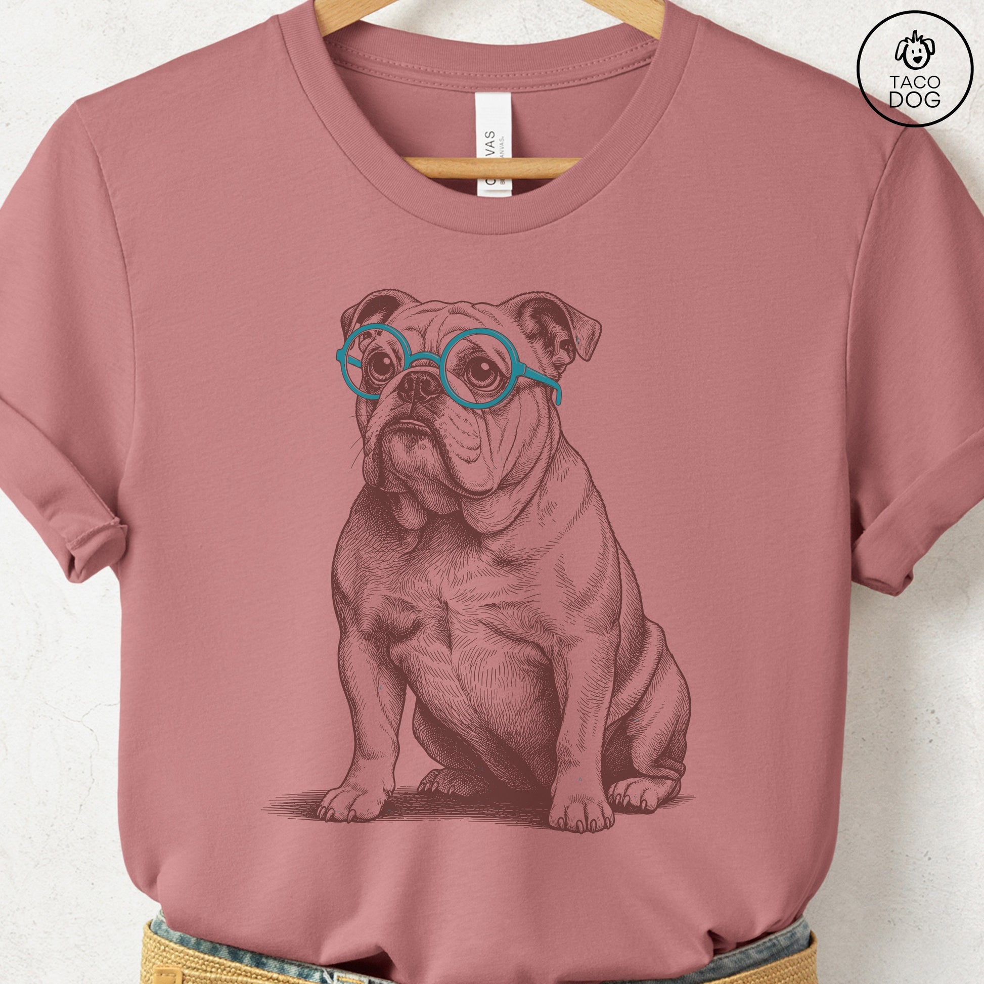 English Bulldog Spectacles T-Shirt Heather Mauve S Taco-Dog