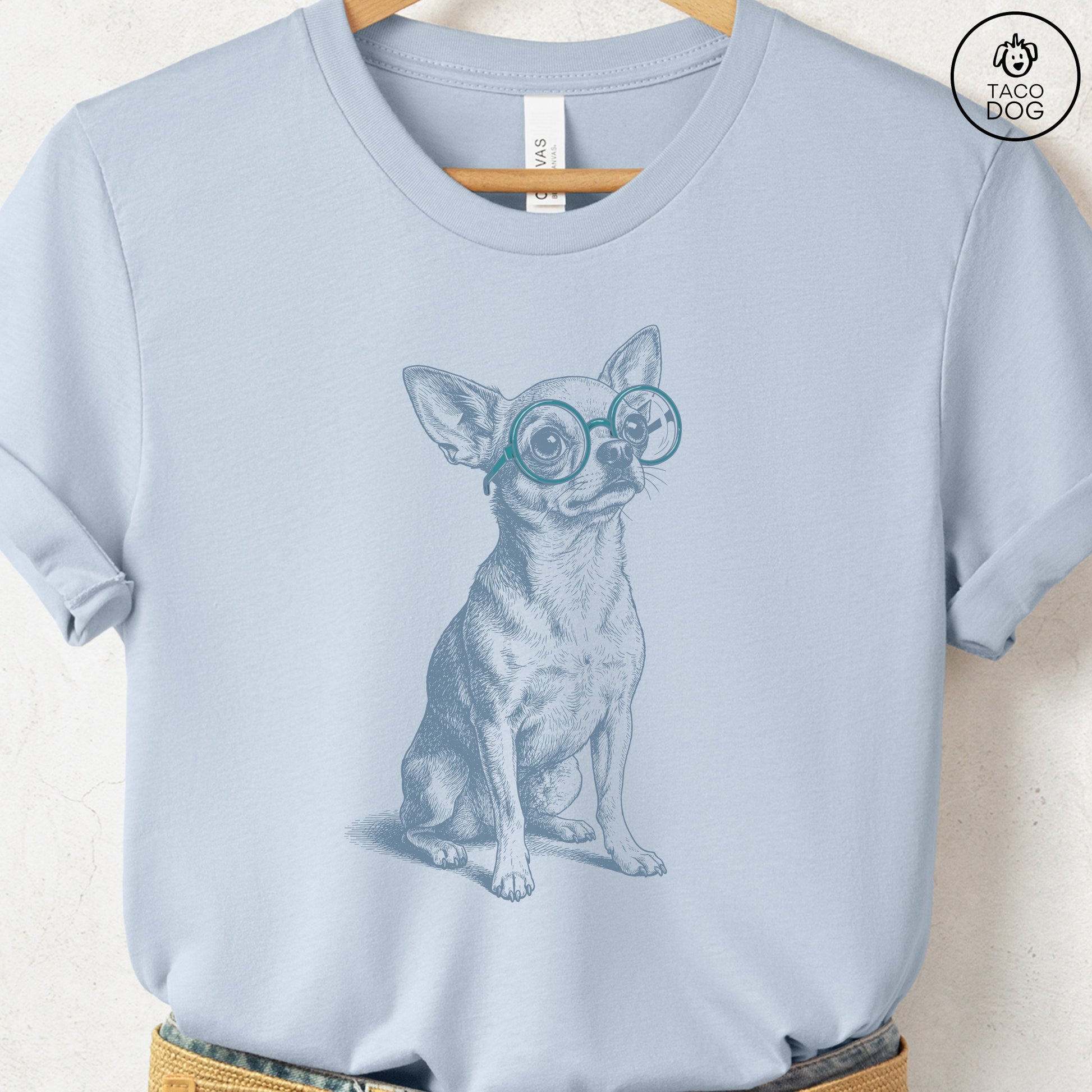 Chihuahua Spectacles T-Shirt Light Blue S Taco-Dog