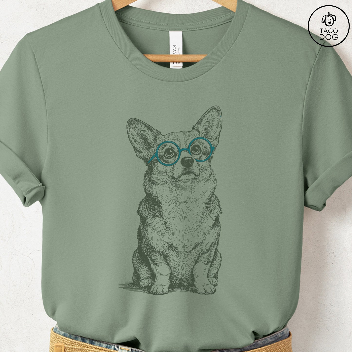 Corgi Spectacles T-Shirt Sage S Taco-Dog