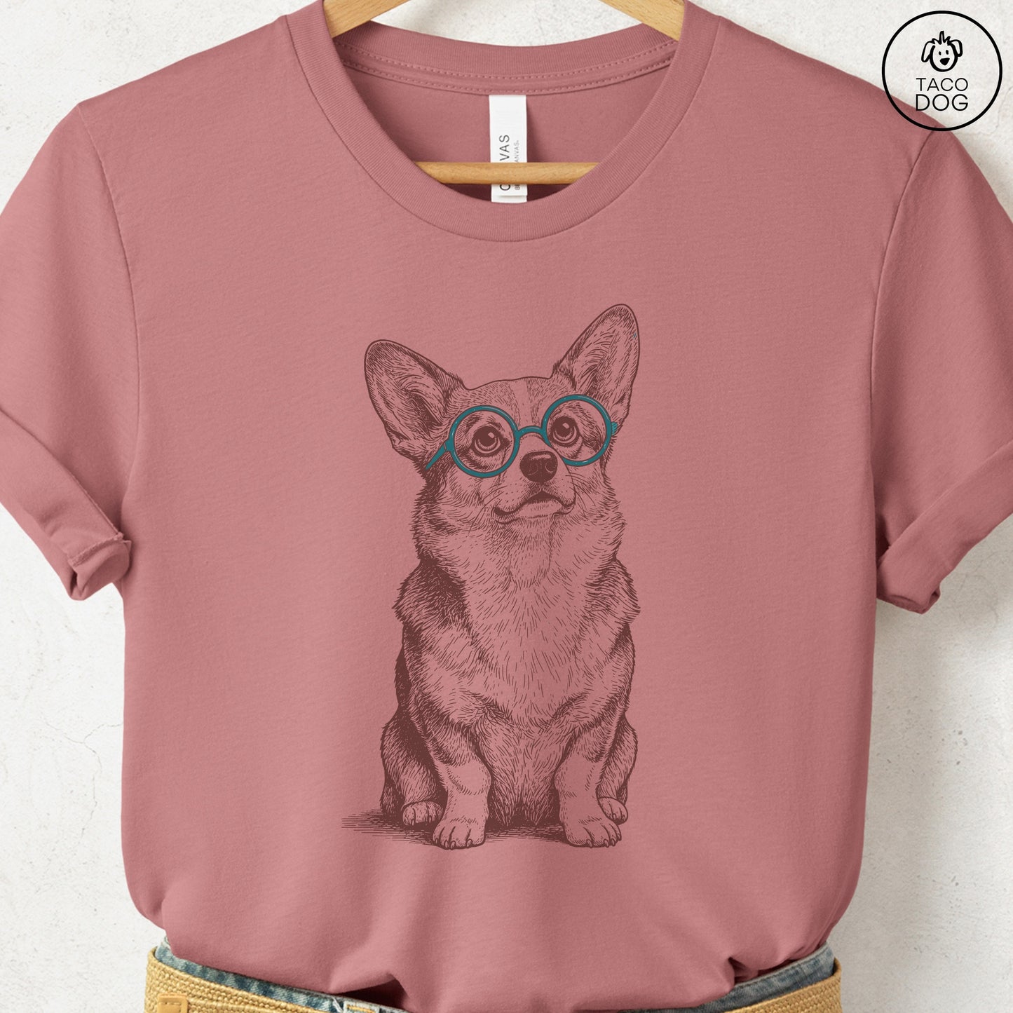 Corgi Spectacles T-Shirt Heather Mauve S Taco-Dog