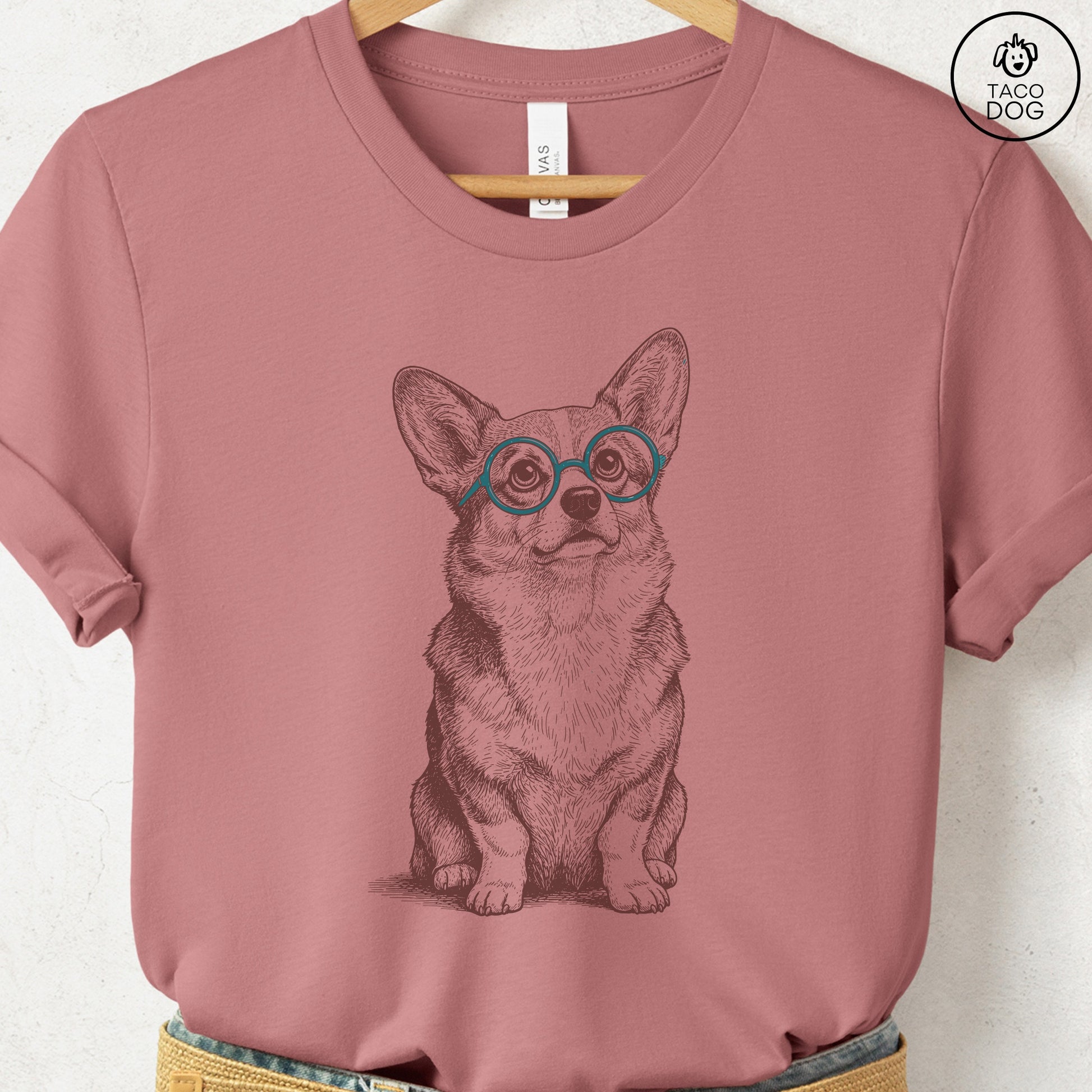 Corgi Spectacles T-Shirt Heather Mauve S Taco-Dog