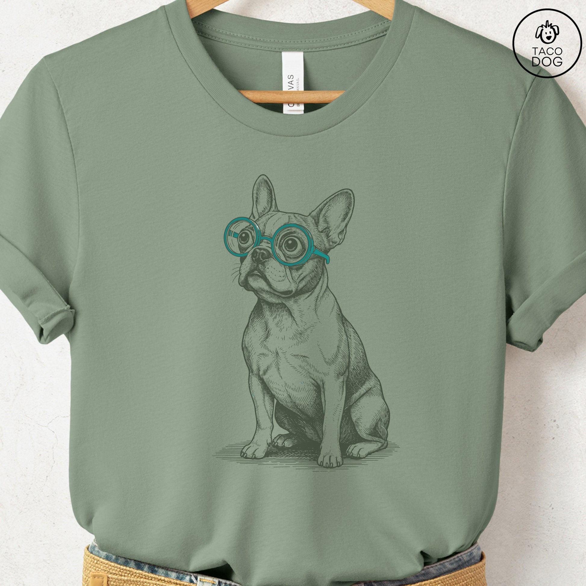 French Bulldog Frenchie Spectacles T-Shirt Sage S Taco-Dog